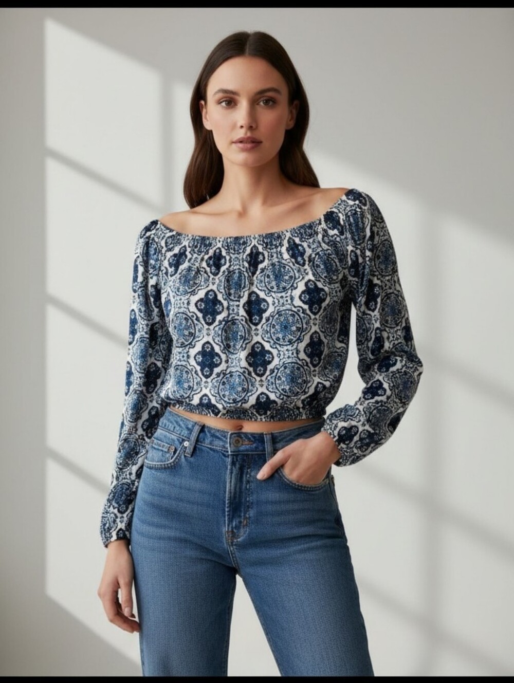 Divided H&M Blue Floral Long Sleeve Off Shoulder Crop Top, Medium